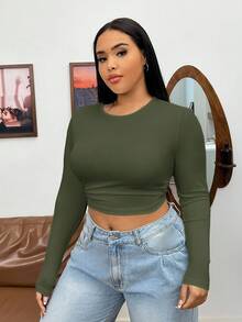 SHEIN EZwear 大码秋季休闲纯色罗纹针织修身短款 T 恤 - 軍綠色 - 查看 3
