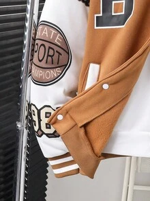 SHEIN Explorewe 青少年男孩时尚休闲撞色拼布字母印花夹克 - 咖啡棕 - 查看 5