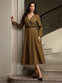 ZEYLAH Vestido elegante de manga larga con cuello en V y largo medio para mujeres - Café - Ver 1