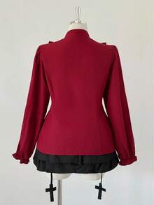Sunspun Plus Size Ruffled Hem Long Sleeve Casual Solid Color Drawstring Waist Comfortable Shirt - Burgundy - View 2