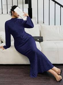 Cravure Đầm maxi dài tay bo gấu cổ cao màu đen thanh lịch cho nữ cỡ lớn, trang phục thu đông cho nữ - Màu xanh hải quân - Xem 6