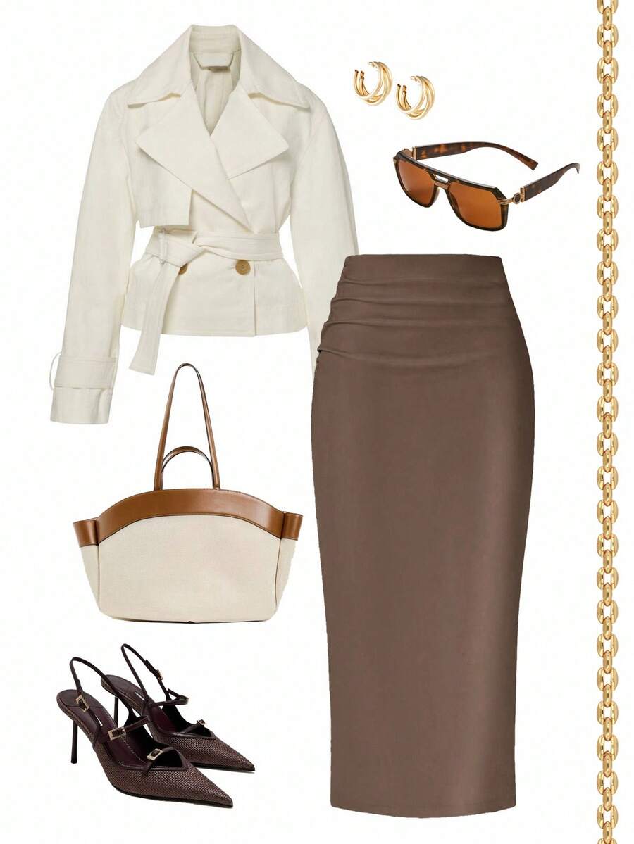 SHEIN LUNE Women's Solid Color Ruched Pu Leather Skirt - Chocolate Brown - View 1