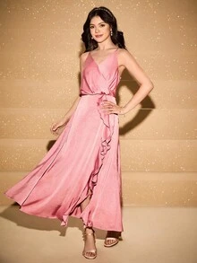 Elegant Pleated Trim Spaghetti Strap Dress For Teens, Suitable For Holiday Party, School Event, Christmas, Piano Recital, Runway Show - Pink - View 3
