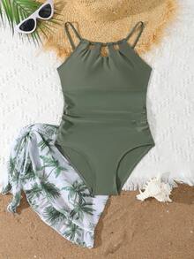 SHEIN 女童连体泳衣，带热带树叶印花裙，休闲假日纯色分体泳衣，时尚夏季泳装 - 墨綠色 - 查看 6