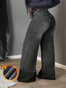 Slaydiva Jeans casuales de pierna ancha con bolsillo y botones para tallas grandes - Negro - Ver 2