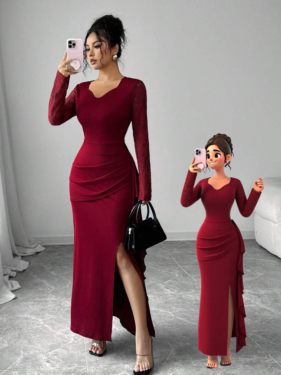 Modelyn 女式纯色撞色蕾丝长袖褶皱腰开衩连衣裙