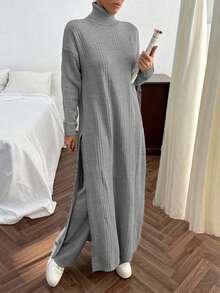 EURMUSE Conjunto de vestido de suéter largo con detalle de abertura y pantalones de suéter de punto acanalado de unicolor para mujer - Gris Claro - Ver 3