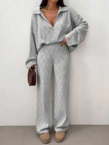 EURMUSE Woman Checkered Jacquard Polo Neck Two Pieces Sweater And Pants Co-Ords - Light Grey - View 6