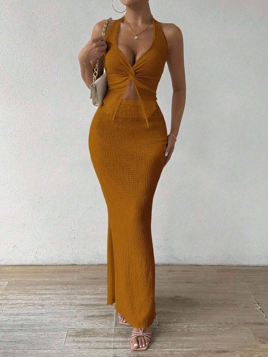 Chiquease 女式纯色扭结无袖上衣和裙子两件套 - 銅色 - 查看 1