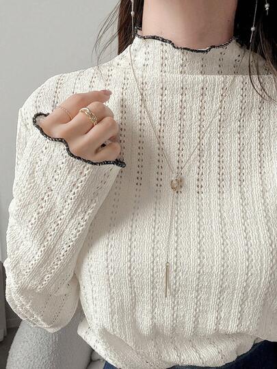 FRIFUL T-shirt col rond décontracté pour femmes avec surpiqûres contrastées, automne