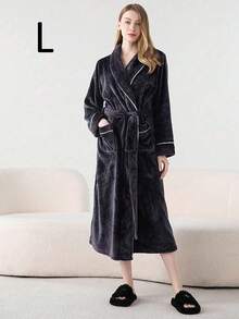 SHEIN 1PC Winter-Spring Thick Version Men's And Women's Bathrobe, Simple Long Style With Pockets, Suitable As Halloween/Valentine's Day Gifts,Thickened,Flannelette,Flannel - White Corduroy Robe - View 8