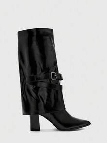 CUCCOO BIZCHIC High Shaft Pointed Toe Chunky Heel Side Zipper European And American Fashion Women Boots - Black - View 2