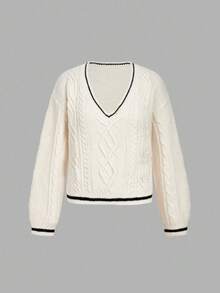 SHEIN Unity Women's Contrast Color Drawstring V-Neck Casual Pullover Sweater In Fall/Winter - Apricot - View 1