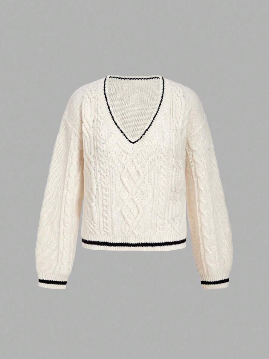 SHEIN Unity Women's Contrast Color Drawstring V-Neck Casual Pullover Sweater In Fall/Winter - Apricot - View 1