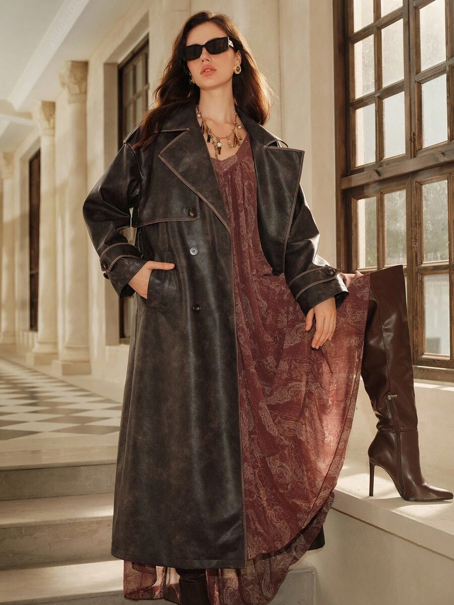 SHEIN Unity 做旧复古长款 PU 皮革风衣，适合秋季、夏季、优雅、别致、新年、休闲、圣诞节 - 棕色 - 查看 1