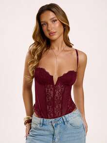 SHEIN BAE 女士纯色撞色蕾丝性感时尚紧身衣 - 酒紅色 - 查看 2