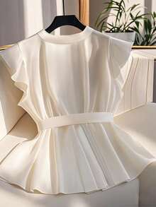 Franclia Women's Elegant Plain Color Collared Double-Placket Ruffle Sleeve Belted Casual Blouse - White - View 2
