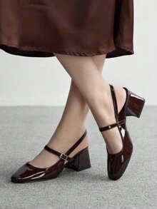CUCCOO BIZCHIC Giày cao gót hở gót vuông Mary Jane thanh lịch cho nữ, mũi vuông, gót dày, màu cà phê, phong cách đi làm, lấy cảm hứng từ phong cách cổ điển, phù hợp với trang phục thường ngày mùa xuân - Cà phê nâu - Xem 3