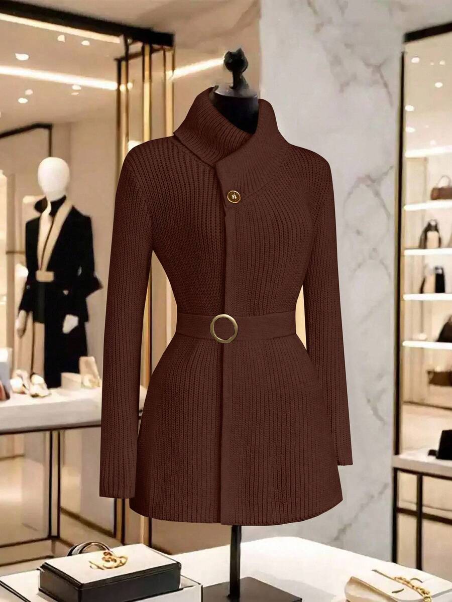 GlowEve Women's Solid Color Ribbed Cardigan - Coffee Brown - View 1