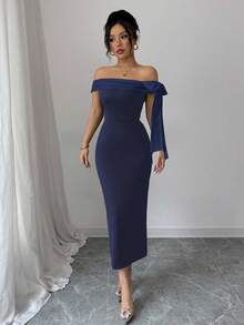 Rafferiza Elegant Solid Color Bow Decor Off Shoulder Dress - Navy Blue - View 6