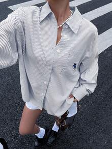 Muchica 女士刺绣装饰藏青色条纹宽松长袖衬衫 - 藏蓝色 - 查看 6