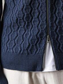 Manfinity CityGents Áo khoác cardigan nam cổ cao tay dài có khóa kéo màu trơn thời trang Old Money, dệt kim cáp, thu/đông - Xanh đậm - Xem 6