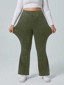 Flexra Plus Size Solid Color Elastic Waist Stretchy Knit Casual Wide Leg Flare Jeans - Army Green - View 4