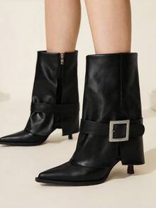 CUCCOO CHICEST 女士秋冬新品水晶扣尖头细高跟鞋优雅奢华通勤时尚前卫哥特式黑色仿皮中筒靴，适合下午茶、约会、时尚派对、职场、优雅装扮、酒吧、夜总会、街头风格、万圣节、圣诞节、感恩节、百搭基本款 - 黑色 - 查看 3