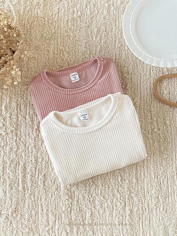 Conjunto de roupa íntima térmica para meninas, 2 peças, blusa e calcinha fofas, casuais, minimalistas, rosa e bege, manga comprida, adequadas para outono/inverno