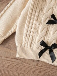 SHEIN Toddler Girls' Colorblock Bow Decor Turtleneck Long Sleeve Sweater Fall Winter - Khaki - View 9