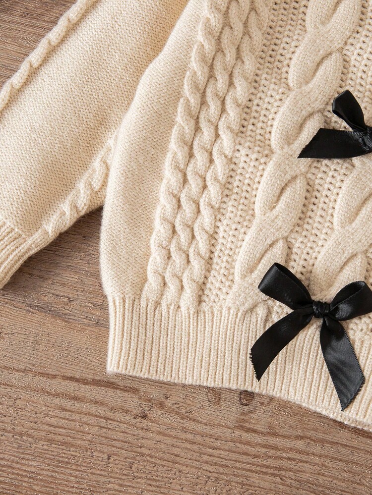 SHEIN Toddler Girls' Colorblock Bow Decor Turtleneck Long Sleeve Sweater Fall Winter - Khaki - View 9