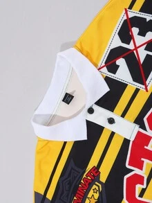 ROMWE MEN Spring Casual Graphic Men'S Prep Letter & Stripe Print Long Sleeve Casual Polo Neck Sweatshirt, Fall - Multicolor - View 6