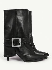 CUCCOO CHICEST 女士秋冬新品水晶扣尖头细高跟鞋优雅奢华通勤时尚前卫哥特式黑色仿皮中筒靴，适合下午茶、约会、时尚派对、职场、优雅装扮、酒吧、夜总会、街头风格、万圣节、圣诞节、感恩节、百搭基本款 - 黑色 - 查看 2
