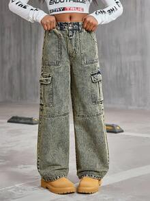 Jeans de pierna ancha para niña preadolescente, estilo callejero americano vintage con efecto desgastado, jeans casuales de corte holgado con bolsillos con solapa delanteros, cintura elástica cómoda, adecuados para uso diario, vuelta al colegio, salidas, vacaciones en la playa, pantalones cargo de mezclilla de moda para todas las estaciones