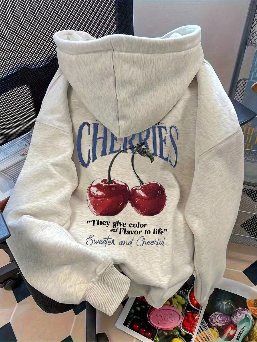 Flirla Sudadera con capucha de manga larga con estampado de letras y cerezas de caída de hombros para mujer, ropa de otoño para mujeres