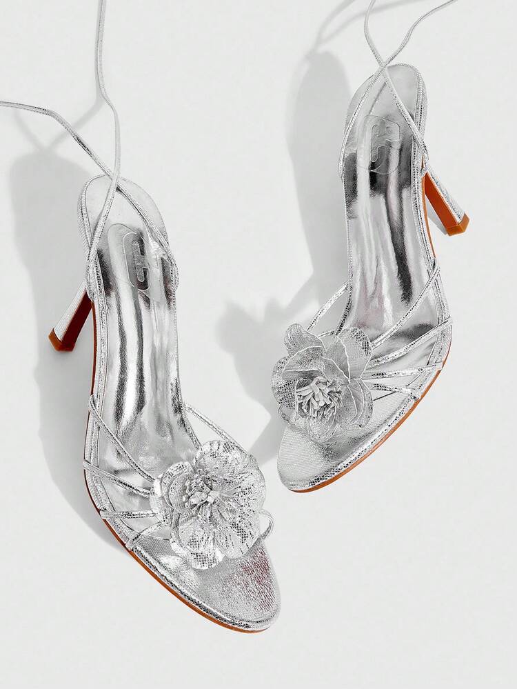 CUCCOO SZL Silver Metallic PU Camellia Decor Sexy Backstrap Glamorous Nightclub High Heel Sandals