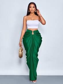 SOLERSUN Women's Fashion Solid Color Gathered Ruched Skirt - Dark Green - View 3