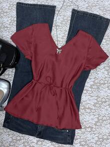 INAWLY 女式纯色前系带V领短袖时尚衬衫