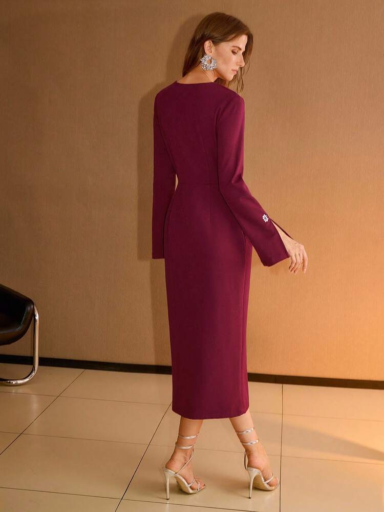 WOMEN'S V-NECK RHINESTONE EMBELLISHED FITTED DRESS, ELEGANT STYLE, AUTUMN/WINTER