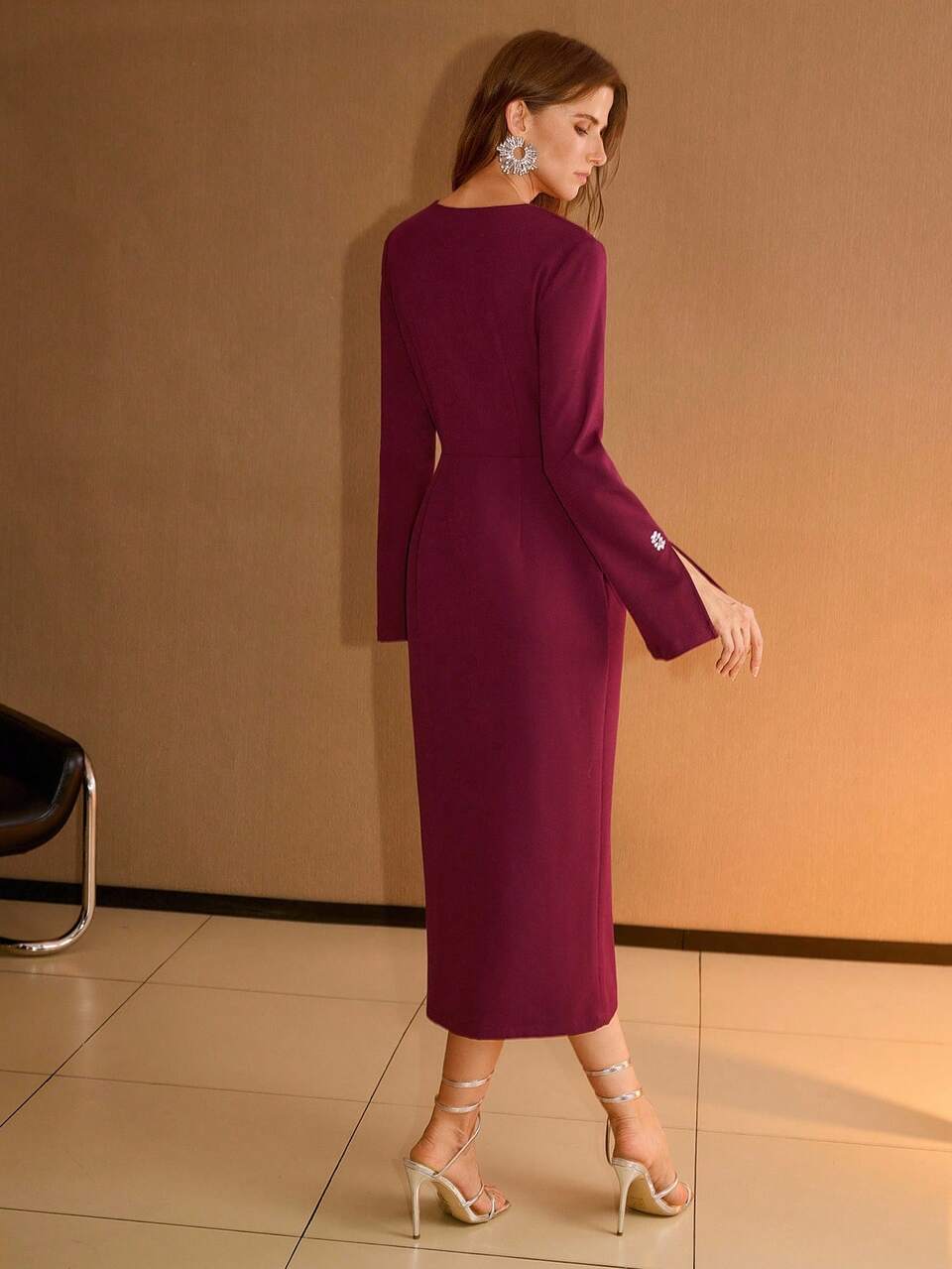WOMEN'S V-NECK RHINESTONE EMBELLISHED FITTED DRESS, ELEGANT STYLE, AUTUMN/WINTER