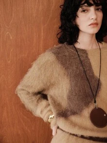 Uhlyne Uhlyne Women's Old Money Elegent Two-Piece Sweater Set,All Shades Of Brown Autumn Fuzzy Knitted Co-Ords,Loose Fit Round Neck Color-Block Brunch Outfit,Khaki - Khaki - View 8