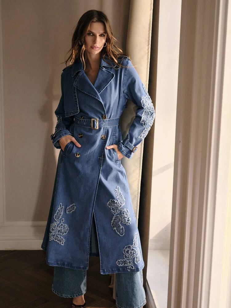 EMBROIDERY BELTED DENIM COAT