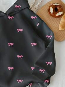 SHEIN EZwear 休闲简约粉色蝴蝶结印花图案深灰色卫衣，适合秋冬季穿着 - 彩色 - 查看 4