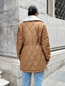 EURMUSE Women Padded Coat, The Waist-Closed Shape-Elegant Style, Contrast Colour, Rib Cuff - Camel - View 5