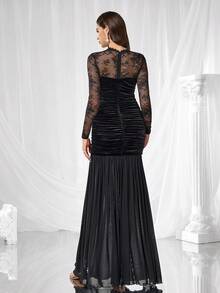 Coutiva Women's Contrast Lace Long Sleeve Twist Front Ruched Fitted Elegant Evening Gown,Sequin And Pearl Cuff Design,Formal Party Dress For Wedding Guest - Black - View 3
