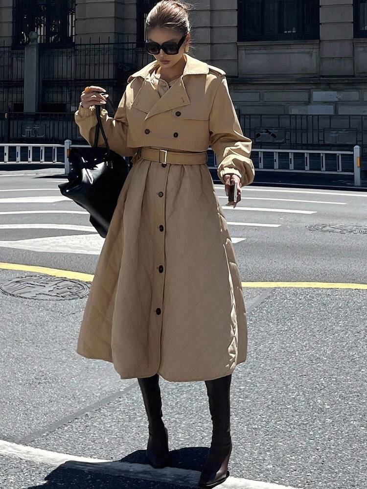 Women's Padded Coat, Windbreaker Style Rhombus Pattern Loose Solid Color Long Coat, Autumn/Winter