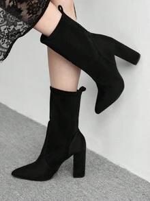 CUCCOO BIZCHIC Botas de tacón grueso de media pantorrilla con punta puntiaguda negro para mujer, adecuadas para ir al trabajo, citas, fiestas y vacaciones - Negro - Ver 3