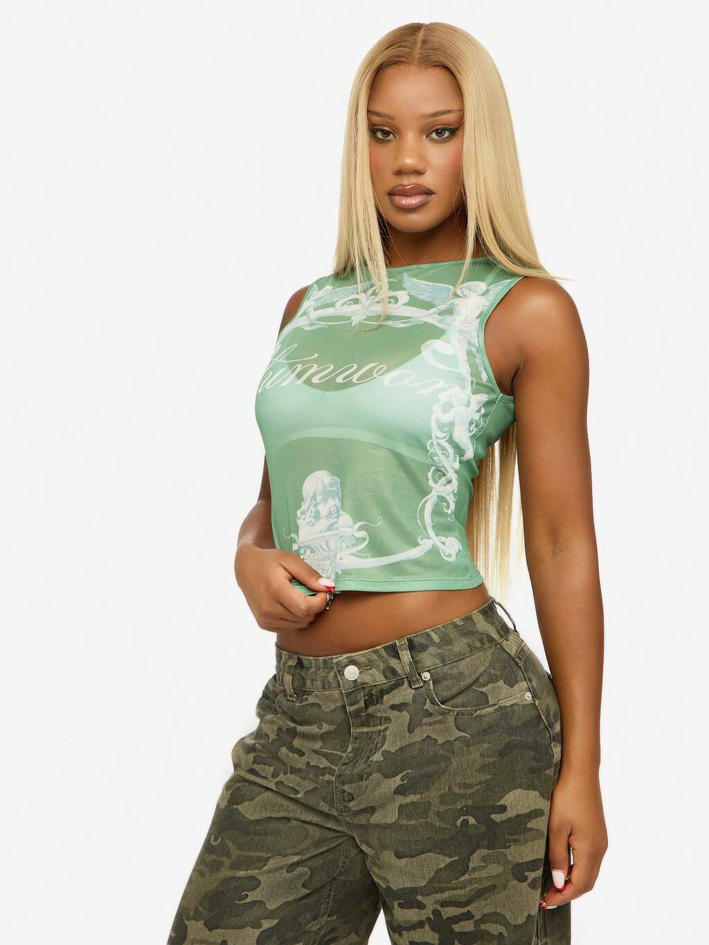 SUMWON WOMEN Débardeur imprimé style vintage, top court d'été sans manches, insert en maille, mode Y2K esthétique, design original, débardeur ajusté décontracté