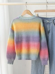 Sparklyn Áo len kẻ sọc cầu vồng phối màu cỡ lớn cho bé gái, áo chui đầu dệt kim dáng rộng phong cách retro, tay dài cho mùa thu/đông - Hồng - Xem 2