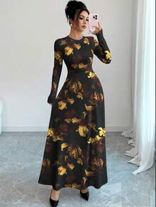 Modelyn 复古做旧花卉印花圆领长袖 A 字裙，女式，春秋季 - 彩色 - 查看 3